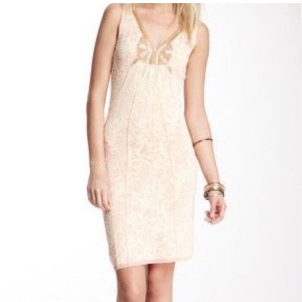 FREE PEOPLE Dress Starstruck Champagne XS Fitted Jeweled Neckline Mermaid Beaded